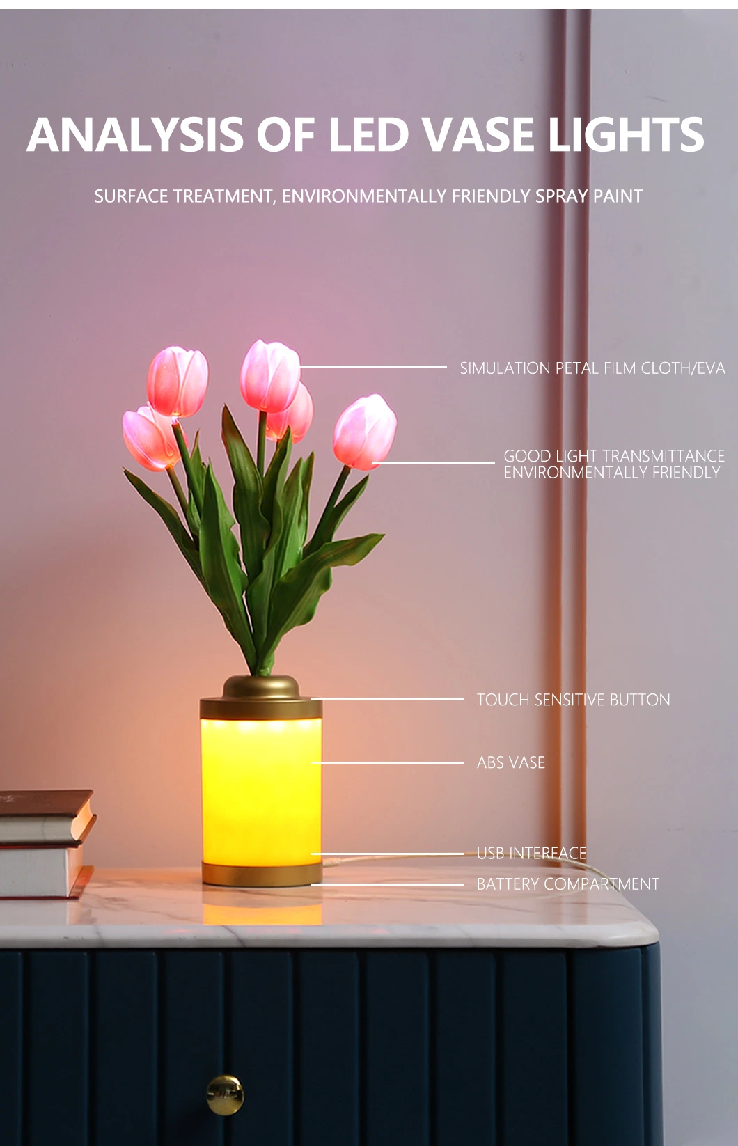 Cross-Border Touch Sensing Simulation Daffodil Vase Table Lamp Wholesale USB Lamp 5th Battery Modern Minimalist Bedroom Bedside Home Decoration Night Lamp
