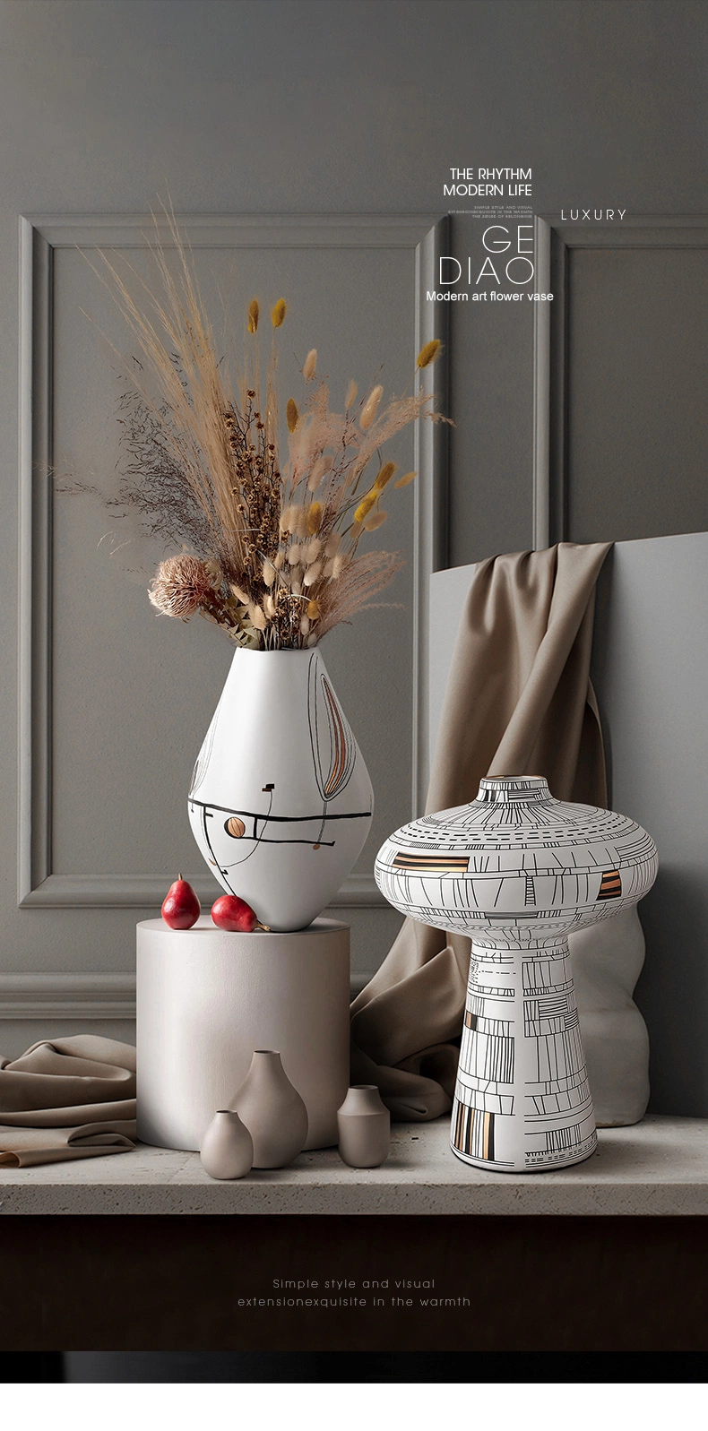 Home Decoration Modern Dried Floral Arrangement White Ceramic Vase Pots for Plants Flower