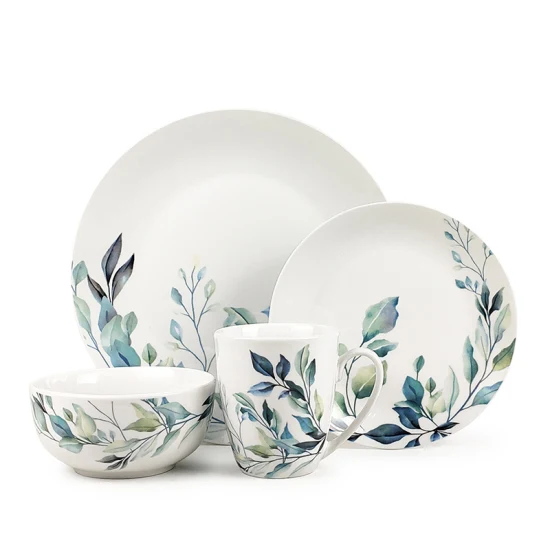 Newly Modern 12PCS/16PCS Porcelain Floral English Style Porcelain Dinner Set with White Porcelain Dishes