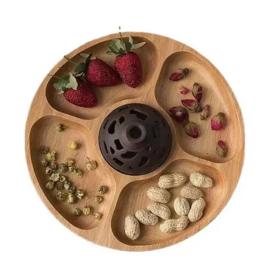 Creative Personality Round Grid Tray Solid Wood Breakfast Snack Nut Wooden Plate