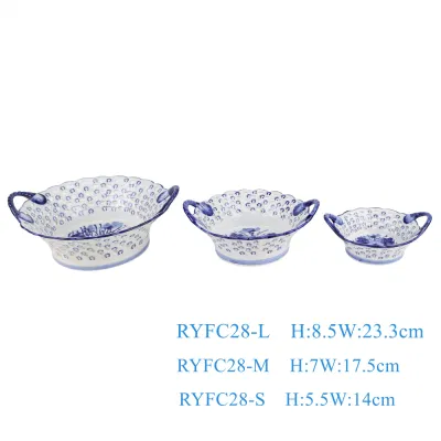 Blue and White Porcelain Hollow out Ceramic Storage Basket Fruit Plate for Candy Snacks
